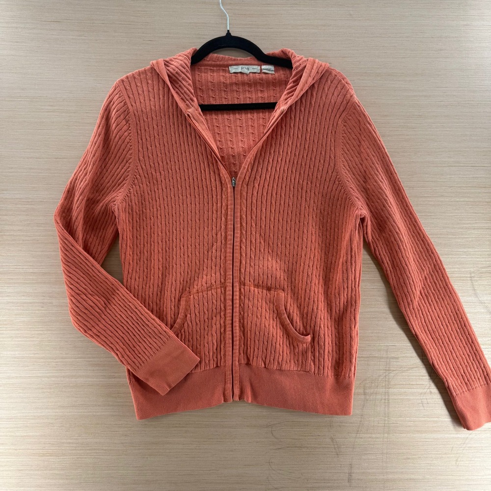 Pria Womens Terracotta Orange Cable Knit Full Zip Hooded Sweater Size L Cotton